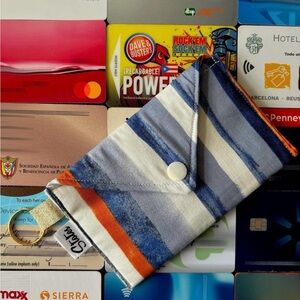 Striped Fabric Key Pouch with Snap Closure - Blue, White & Orange